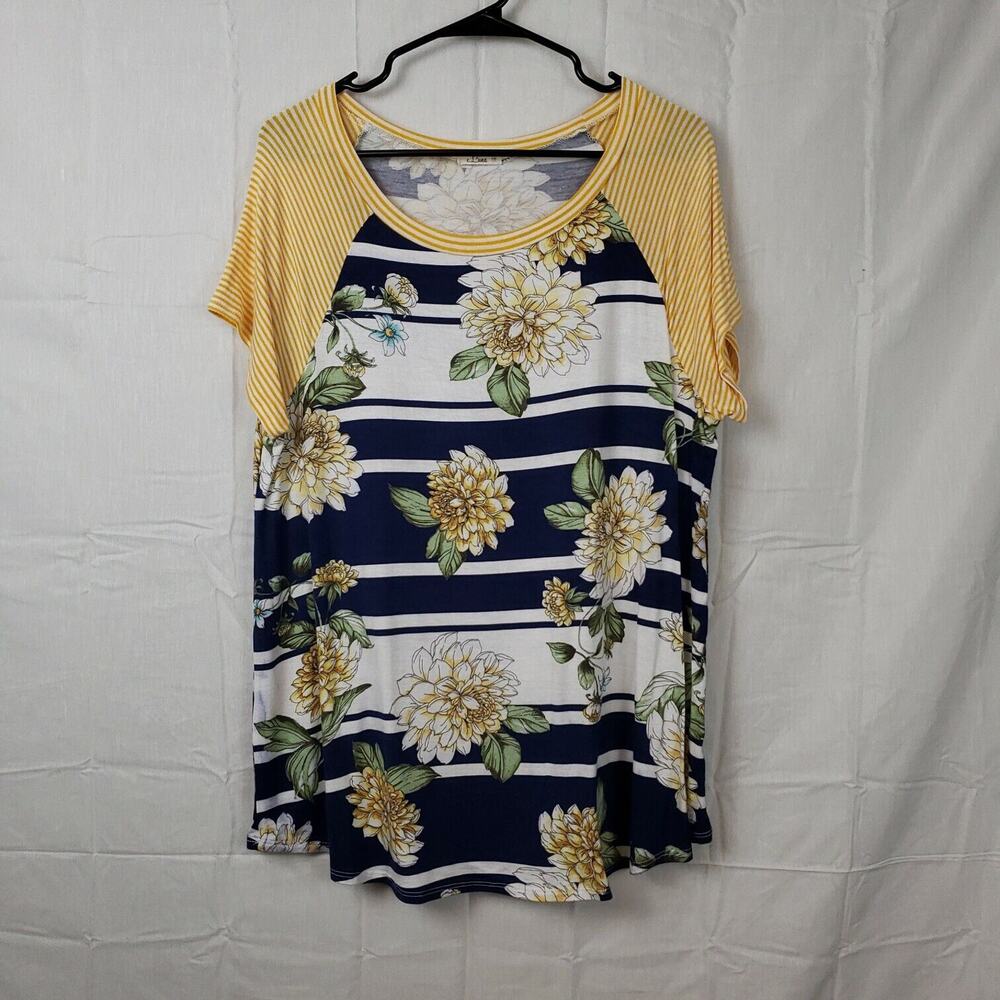 E Luna Womens Multicolor Floral Scoop Neck Short Sleeve Basic‎ Top Size 1XL